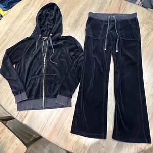 Juicy Couture Black Velour Tracksuit Set Zip Hoodie Drawstring Flare Pants XS